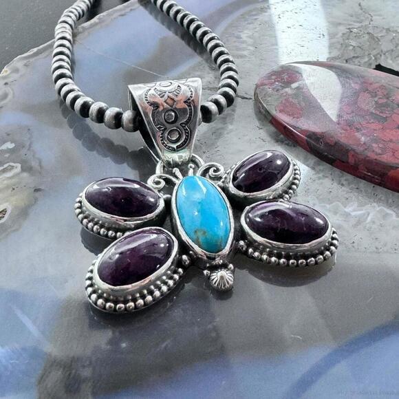 Native American Sterling Turquoise & Spiny Oyster Butterfly Pendant For Women - Picture 4 of 10